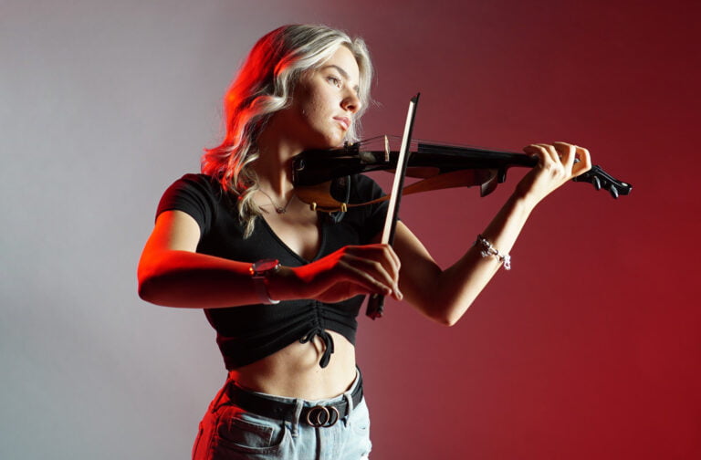 Miss Violin with red background