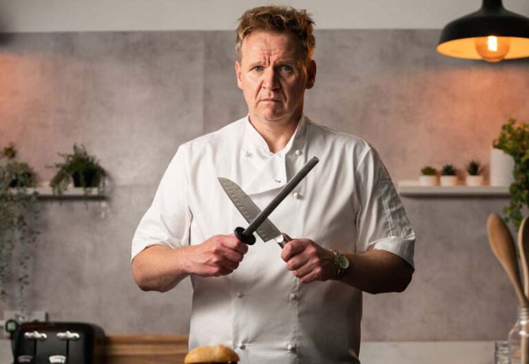 Gordon Ramsay Look-a-Like Act Holding Kitchen Knives
